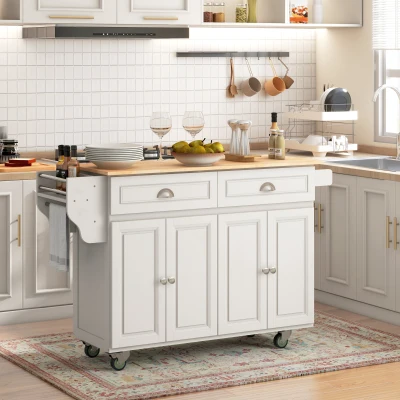 HOMCOM Rolling Kitchen Island Cart with Drop Leaf, Wood Top, Cream White