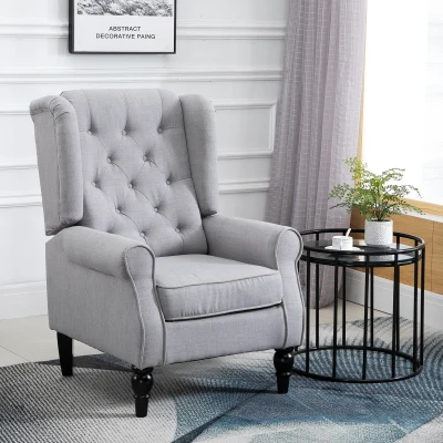 HOMCOM Mid-Century Modern Wingback Accent Chair, Tufted Fabric, Gray