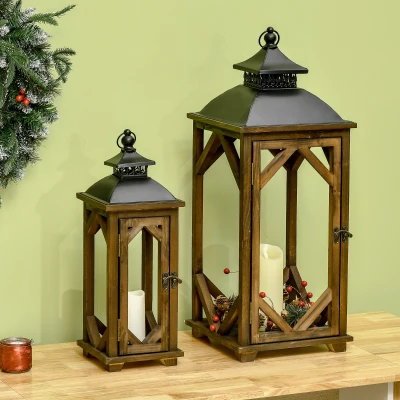 HOMCOM 2 Pack Rustic Wooden Metal Lanterns, 31"/21", Black/Dark Wood
