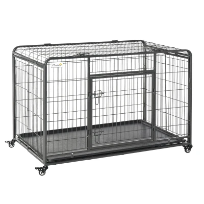 PawHut Folding Dog Crate Heavy Duty Cage for Extra Large Sized Dogs with Double Doors, Lockable Wheels Tray, 49" x 30" x 32"