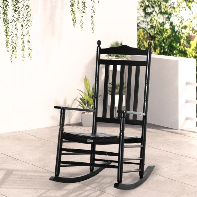 Outsunny Wooden High-Back Rocking Chair, Indoor/Outdoor, Black