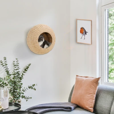 PawHut Wall Mounted Cat Condo, Nature Wood with Cushion