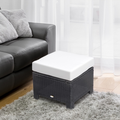 Outsunny Patio Rattan Ottoman, Outdoor Wicker Footrest with Soft Cushion, Metal Frame for Backyard, Garden, and Poolside, White