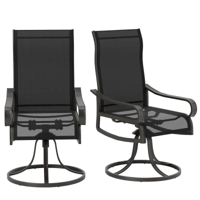 Outsunny 2-Piece Swivel Patio Dining Chairs, 360° Swivel Rocking Outdoor Chairs with Curved Armrests, Breathable Mesh Seat & S Shape Backrest for Yard, Lawn, Porch, Black