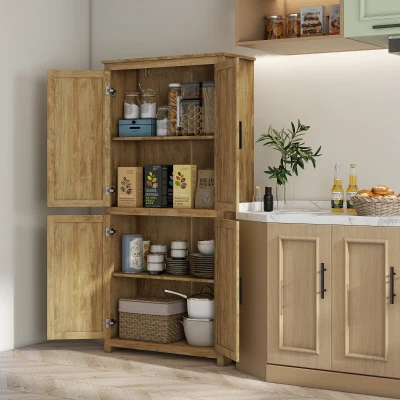 HOMCOM 64" Kitchen Pantry Cabinet with Rattan Doors, Natural