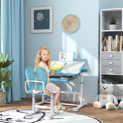 Qaba Kids Desk and Chair Set with Tilt Desktop, Blue
