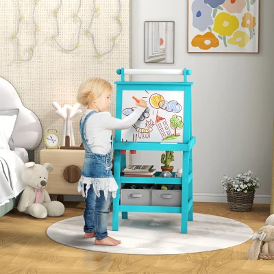 Qaba Double Sided Kids Easel with Paper Roll & Storage, Blue