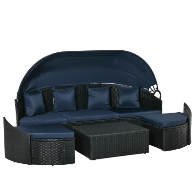 Outsunny 4 Pieces Patio PE Wicker Round Daybed, Outdoor Rattan Garden Lounge Furniture Sets, Dark Blue