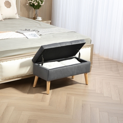 HOMCOM Storage Ottoman with Lid, Velvet Upholstered Storage Bench with Wood Legs for Living Room, Charcoal Grey