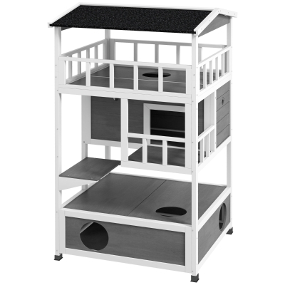 PawHut Wooden Outdoor Cat House, Light Gray