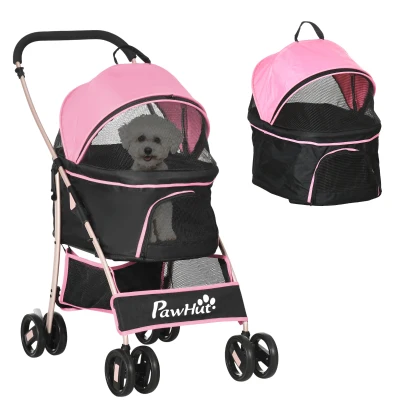 PawHut 4 Wheels Pet Stroller, 3 in 1 Dog Cat Travel Folding Carrier, for Small Dogs, Detachable, w/ Brake, Canopy, Basket, Storage Bag - Pink