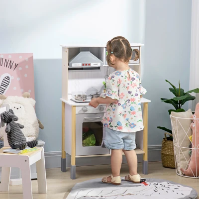 Qaba Wooden Play Kitchen, Height-Adjustable, White