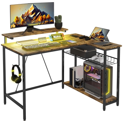 HOMCOM L Shaped Desk with Lights, USB Ports, Storage, Brown