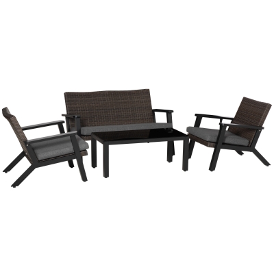 Outsunny 4 Pieces Patio Furniture Set, All Aluminum Frame Outdoor Sofa Set PE Rattan Sofa with 2 Cushioned Sofas, 1 Loveseat and Coffee Table with Tempered Glass Top for Garden, Backyard, Black, Grey