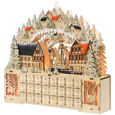 HOMCOM Wooden Christmas Advent Calendar with 24 Fillable Countdown Drawers and LED Lights, Battery Operated, Reusable