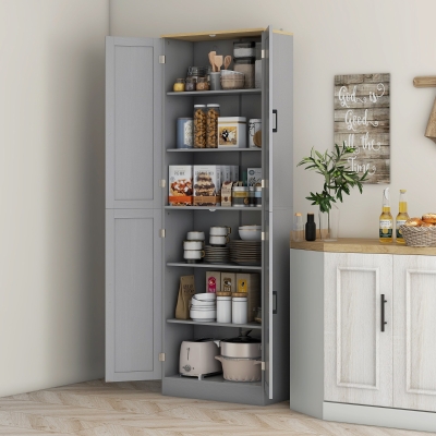 HOMCOM Freestanding Kitchen Pantry Cabinet, 4-Door, Distressed Gray