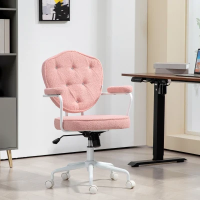 HOMCOM Pink Tufted Teddy Fleece Swivel Office Chair