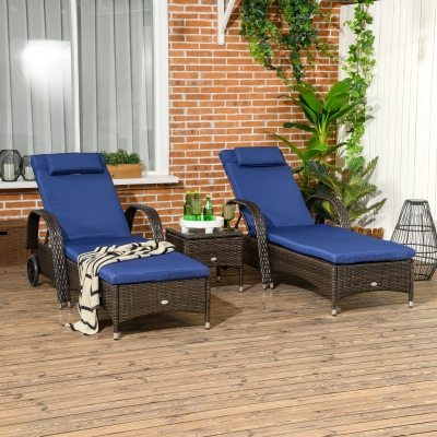 Outsunny Patio Rattan Lounge Set, Wheeled Wicker Chaise Lounge Chair and Table with Tempered Glass Top, Dark Blue