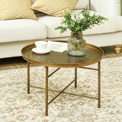 HOMCOM 24" Round Coffee Table with Hammered Top, Gold