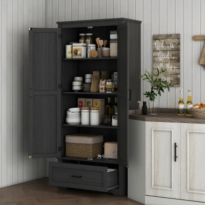 HOMCOM 69" Farmhouse Kitchen Pantry Cabinet with Drawer, Black