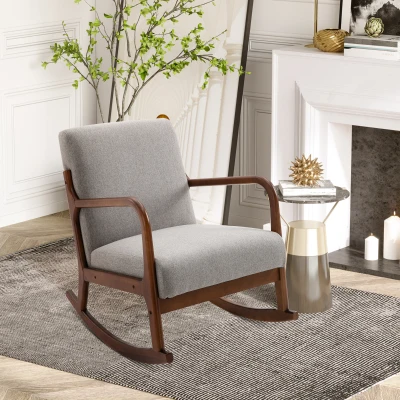 HOMCOM Upholstered Rocking Armchair, Wood Base, Gray