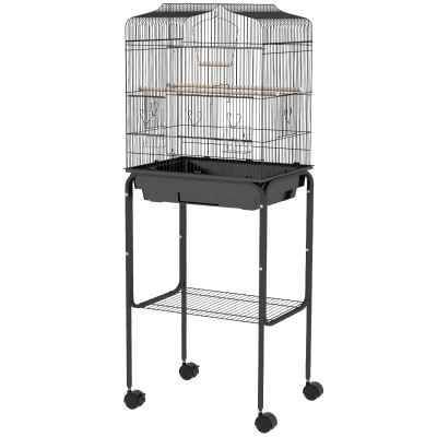 PawHut 49" Rolling Bird Cage Cockatoo House Play Top Finch Pet Supply with Storage Shelf, Wheels - Black