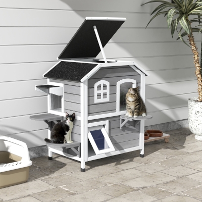 PawHut 2-Storey Outdoor Cat House, Wooden Catio with Openable Roof, Lounge Space, Fun Entrances, for Feral Cats, Grey