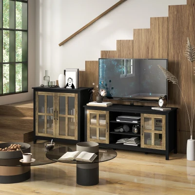 HOMCOM Black Wood Grain Sideboard Cabinet with Glass Doors & Storage