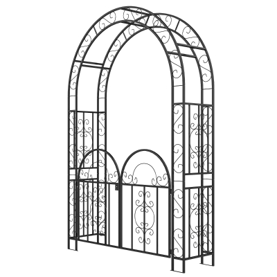 Outsunny 7.4ft Steel Garden Arch with Gate, Garden Arbor Trellis for Climbing Plants, Roses, Vines, Wedding Arch for Outdoor, Garden, Lawn, Backyard, Black