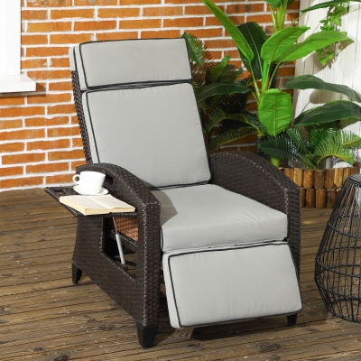 Outsunny Outdoor Recliner Chair with Adjustable Backrest, Cushion, Side Tray, Light Grey