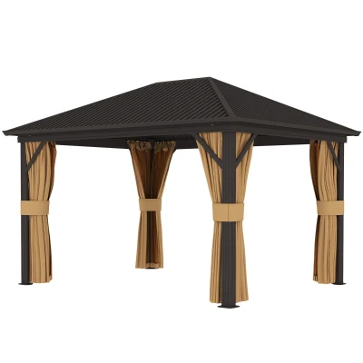 Outsunny 10' x 12' Outdoor Hardtop Gazebo Metal Roof Patio Gazebo with Aluminum Frame, Mesh Nettings, Brown