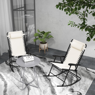 Outsunny 2pc Patio Foldable Rocking Chair Set w/ Breathable Mesh Seat & Backrest, Headrest for Park, Backyard, Garden, Cream