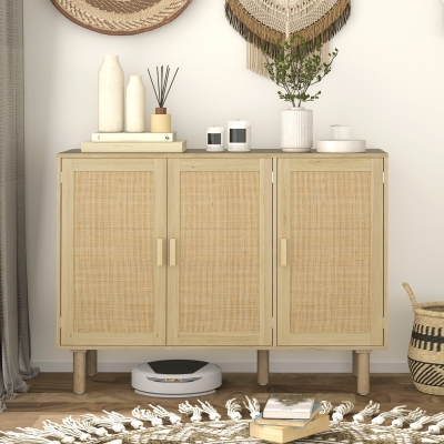 HOMCOM Bohemian Sideboard, 46.9" Buffet Cabinet with 3 Rattan Doors and Shelves for Living Room, Hallway, Oak