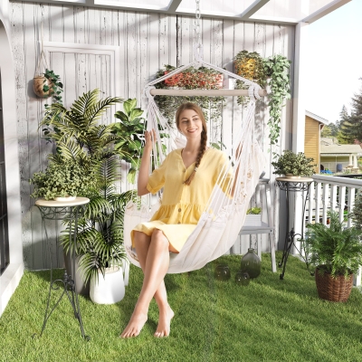 Outsunny Hammock Chair Swing Hanging Macrame Chair Cotton w/ Two Soft Seat Cushions, for Bedroom Indoor Outdoor Ideal Gift for Kids Lover Birthday Present White