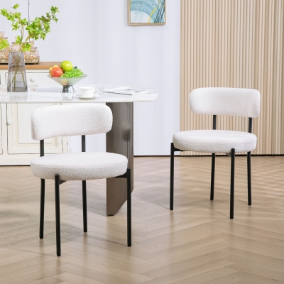 HOMCOM 2 Pieces Kitchen Chairs, Modern Dining Chairs w/ Berber Fleece Upholstery and Steel Legs for Living Room, Cream White