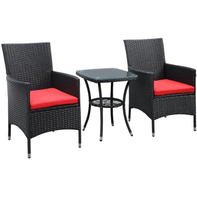 Outsunny 3 Pieces Wicker Patio Furniture Set, Rattan Bistro Set with Glass Top Coffee Table and Cushions, Outdoor Conversation Set for Garden, Porch, Balcony, Red