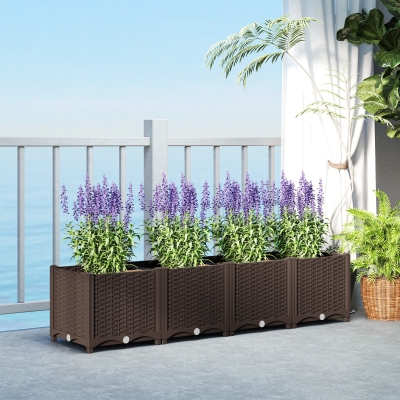 Outsunny Plastic Raised Garden Bed, Outdoor Planter Box with Drainage Holes for Patio, Balcony, 63" x 15.7" x 14.6", Brown