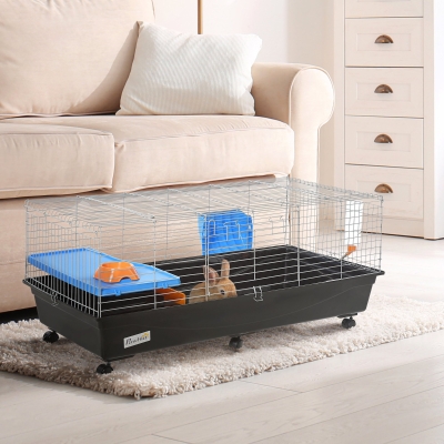 PawHut 47" Small Animal Cage, Rolling Guinea Pig Cage with Food Dish, Water Bottle, Hay Feeder, Platform, Ramp, Black
