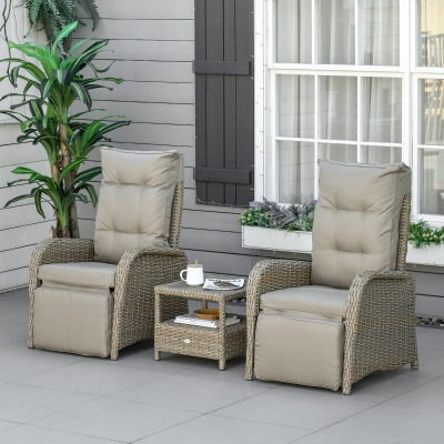 Outsunny 3 Pieces Patio Wicker Bistro Set, PE Rattan Coffee Table & Adjustable Recline Chairs Furniture Set with Cushions and Wood Grain Plastic Top, Khaki