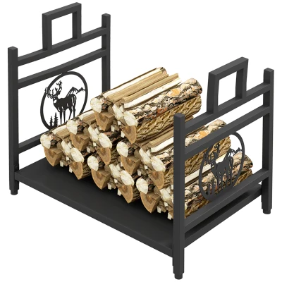 Outsunny Decorative Firewood Rack Outdoor Indoor Steel Wood Storage Log Holder with Side Handles, 19.7" x 13.4" x 17.7", Black