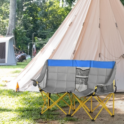 Outsunny 62" W Double Seat Camping Chair Folding Lawn Loveseat w/ Storage Pocket & Cup Holder Compact in a Bag for Outdoor, Beach, Picnic, Hiking, Travel, Blue