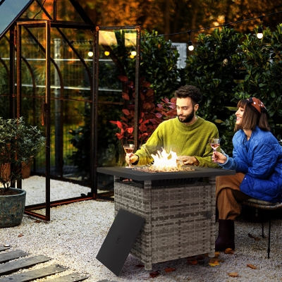 Outsunny Outdoor PE Rattan Propane Fire Pit Table, 50,000 BTU Pulse-Ignition Wicker Fire Table, Mixed Grey