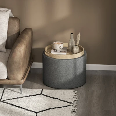 HOMCOM Round Storage Ottoman Coffee Table with Flip Top Tray, Linen Fabric
