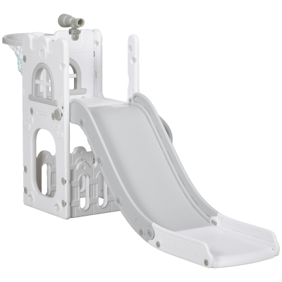 Qaba 4 in 1 Toddler Slide with Basketball Hoop, Climber, Telescope, Storage Basket, for 1-3 Years Kids Indoor Use, Grey