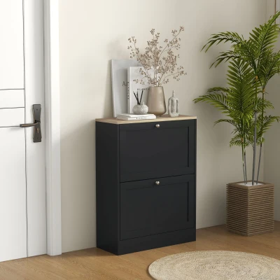 HOMCOM Modern Slim Shoe Cabinet, 2 Flip Drawers, 12 Pairs, Black