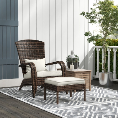 Outsunny Wicker Adirondack Chair with Ottoman, Patio Cushioned Muskoka Chair with Armrests Brown/Cream White