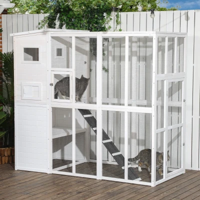 PawHut 77" Outdoor Cat Enclosure, Wooden Cat Patio, White