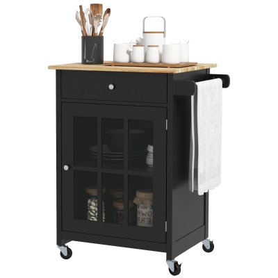 HOMCOM Rolling Kitchen Cart with Drawer and Glass Door Cabinet, Kitchen Island on Wheels with Towel Rack, Black