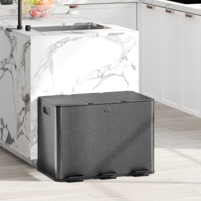 HOMCOM Triple Garbage Bin, Soft-Close Trash Can with Foot Pedal, 3 x 20 Liter Garbage Can with Removable Inner Buckets, Black