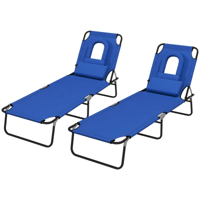 Outsunny 2PCS Adjustable Outdoor Lounge Chair, Garden Folding Chaise Lounge with Face Hole Reclining Tanning Chair Seat, Folding Camping Beach Lounging Bed w/ Head Support Blue